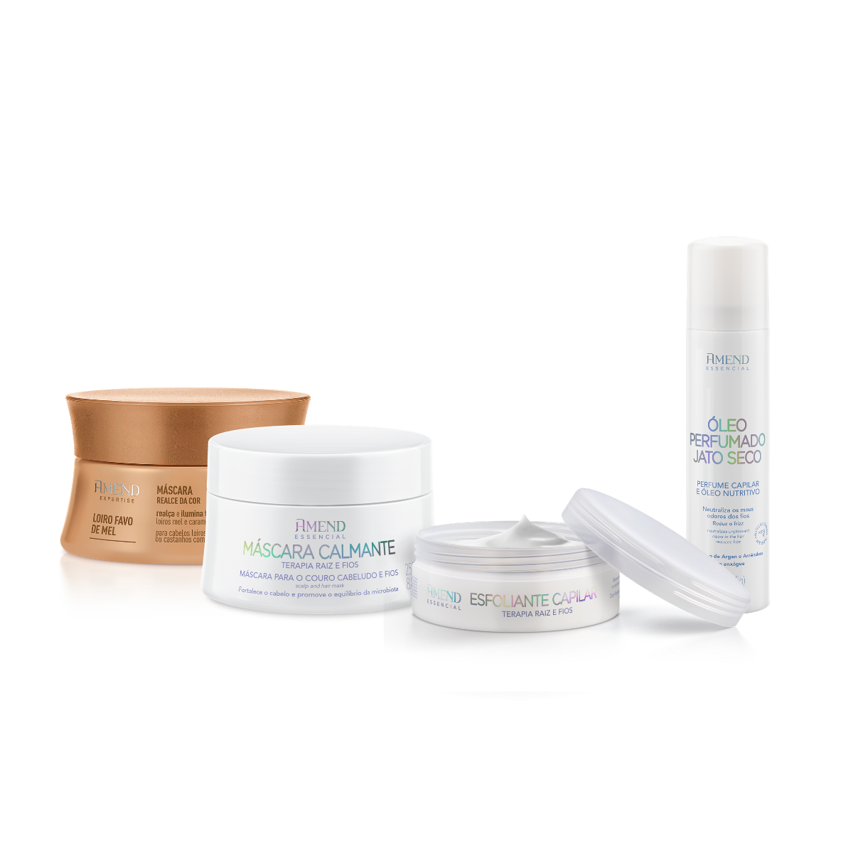Kit Perfume Capilar e Óleo Nutritivo + Máscara Calmante Para Couro Cabeludo + Esfoliante Capilar + Máscara Realce da Cor Mel